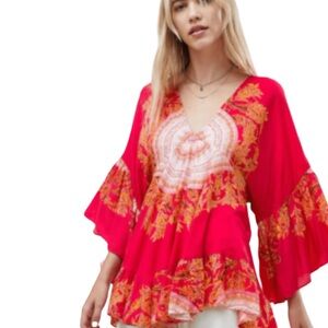 Free People Sunset Dreams V-Neck Floral Bell Sleeve Top